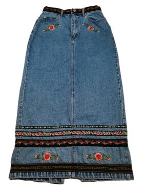 Vintage Western Core Boho Floral Embroidered Denim Maxi Skirt Back Slit Size S
